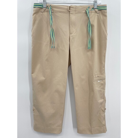 NIKE Silver Tag Drawstring Khaki Cargo Capri Roll Up Pants Size M - Picture 1 of 7